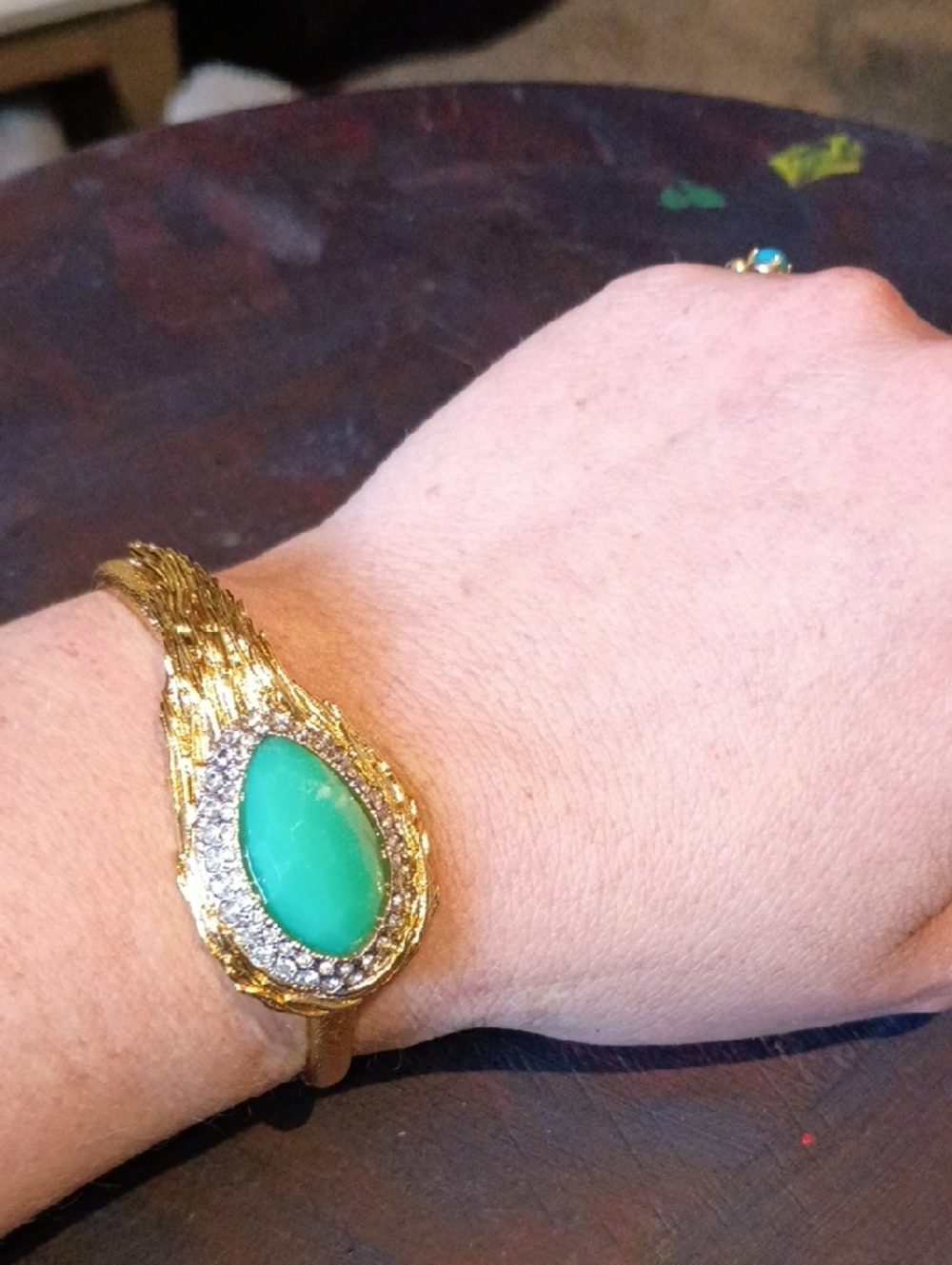 Gold Bracelet with Teardrop Turquoise Stone and Crystal Halo
